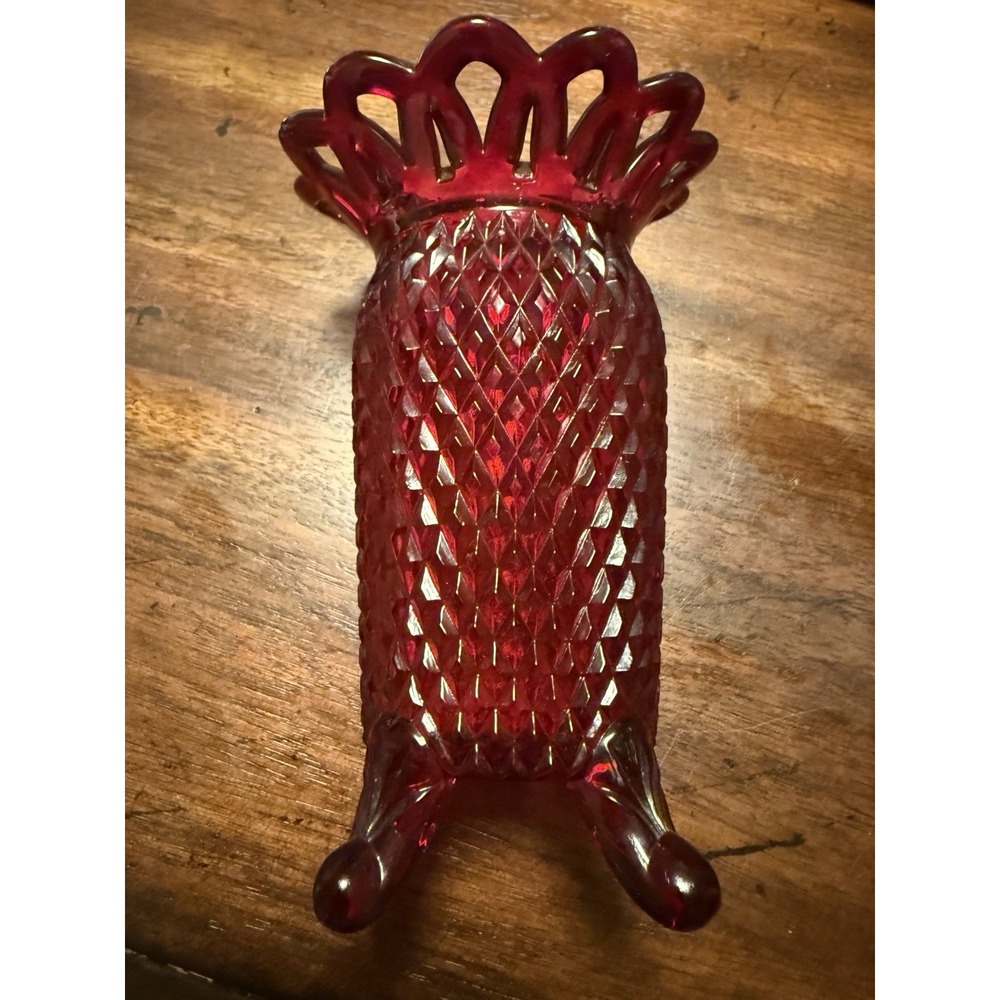 Vintage Imperial Vase Glass Diamond Point Pattern Ruby Red Footed Open Lace Rim